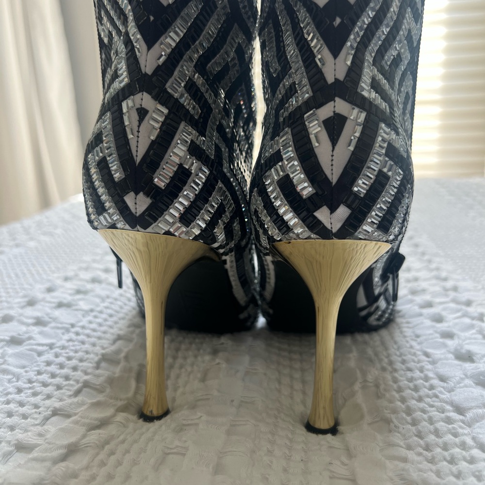 Chic Black And Silver Patterned Heeled Boots - image 4